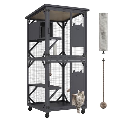 MODCART Catio Outdoor Katzengehege mit Dach, 180,3 cm Höhe, großes Katzenhaus Katzenhaus aus Holz mit 3 Sprungplattformen und 1 Nickerchenhaus für Katzenaktivität (Grau) von MODCART