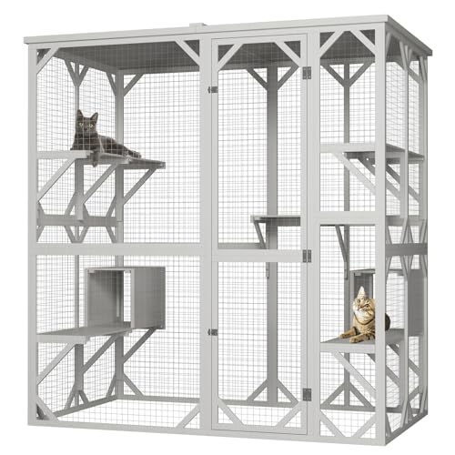 MODCART Catio Outdoor Katzengehege mit Dach, 181,1 cm Höhe, großes Katzenhaus aus Holz, Katzenkäfig mit 3 Sprungplattformen und 2 Nickerchenhäusern für Katzenaktivitäten (weiß) von MODCART