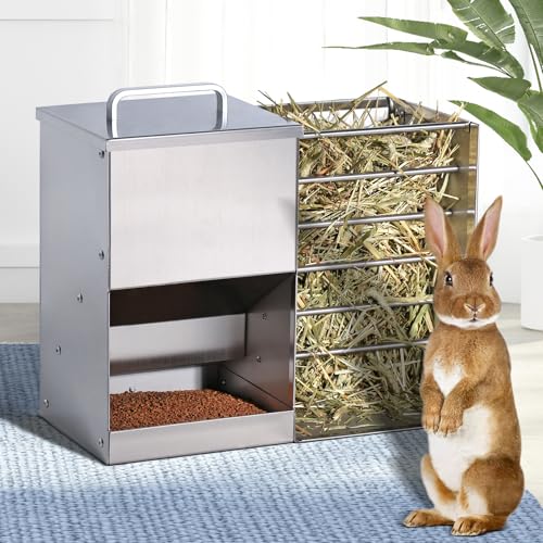 MOGOULUA 2 in 1 Heuraufe Kaninchen Edelstahl Futterspender Heu Kaninchen mit Katzentoilette Wasserflasche Futternäpfe für Hamster Edelstahl Hasenfutterautomat Heuhaltergestell für kleine Haustiere von MOGOULUA