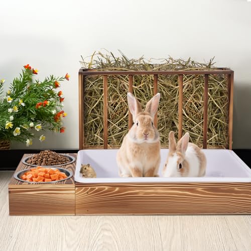 MOGOULUA 3 in 1 Heuraufe Kaninchen Holz Futterspender Heu Kaninchen mit Katzentoilette für Hamster Hölzerner Hasenfutterautomat Heuhaltergestell für kleine Haustiere(Geröstete Farbe) von MOGOULUA