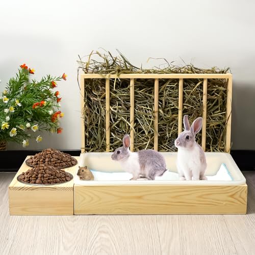 MOGOULUA 3-in-1 Kaninchen-Heu-Futterstation mit Katzentoilette, Futternäpfe für Haustiere, Holz, Heuraufe für kleine Haustiere, Kaninchen, Hamster, Meerschweinchen von MOGOULUA