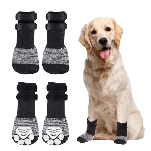 MOKIDO 4 Stück Hundesocken, Anti-Rutsch Hundeschuhe mit Verstellbaren Riemen für Innenbereich, Schwarz, M von MOKIDO