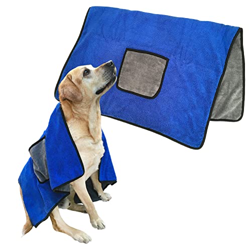 MOKOFUWA Schnell trocknende Hundehandtücher aus Mikrofaser, super saugfähig, großes Haustierhandtuch mit Handtaschen, maschinenwaschbar, 70,1 x 100,1 cm, Blau von MOKOFUWA