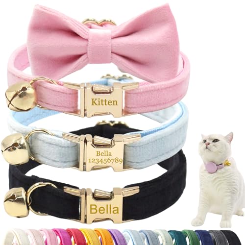 Katzenhalsband mit Namen Personalisiert Katzenhalsbänder mit Glöckchen, Airtag GPS Katzenhalsband, Fliege, Für Katzen von MOMGEGE