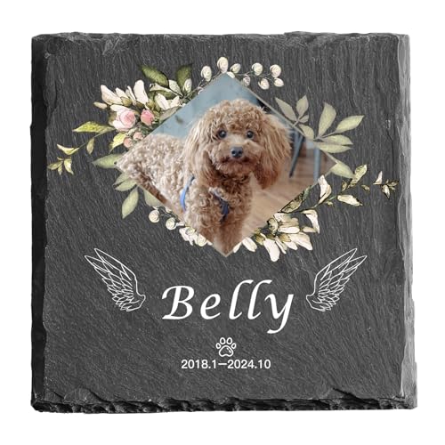 MOMGEGE Tiergrabstein Personalisiert mit Foto Text – Naturstein Gedenktafel Grabplatte für Hund, Katze andere Haustiere – Wetterfest für Garten Zuhause (Quadrat-007) von MOMGEGE