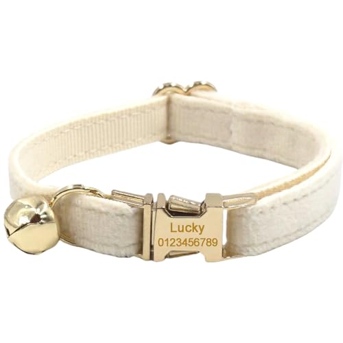 Personalisiertes Katzenhalsband mit Namensschild, verstellbares Samt Katzenhalsband mit Glocke, Haustier Halsband mit Name Telefonnummer Gravierte ID Tags (Cream) von MOMGEGE