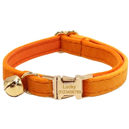Personalisiertes Katzenhalsband mit Namensschild, verstellbares Samt Katzenhalsband mit Glocke, Haustier Halsband mit Name Telefonnummer Gravierte ID Tags (Orange) von MOMGEGE