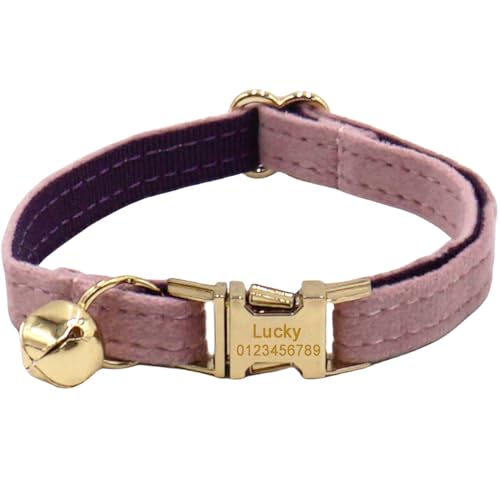 Personalisiertes Katzenhalsband mit Namensschild, verstellbares Samt Katzenhalsband mit Glocke, Haustier Halsband mit Name Telefonnummer Gravierte ID Tags (Pink Purple) von MOMGEGE