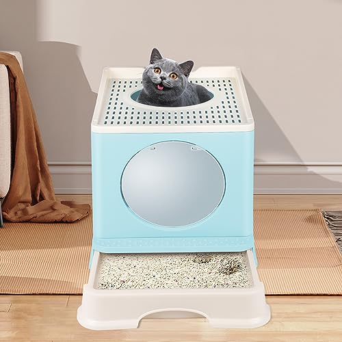 Litter Tray, cat Toilet, with lid, Pull-Out Tray, Spacious for Cats up to 15 kg, Fewer Tracks, Leak-Proof Base (b,Blue) von MOMM