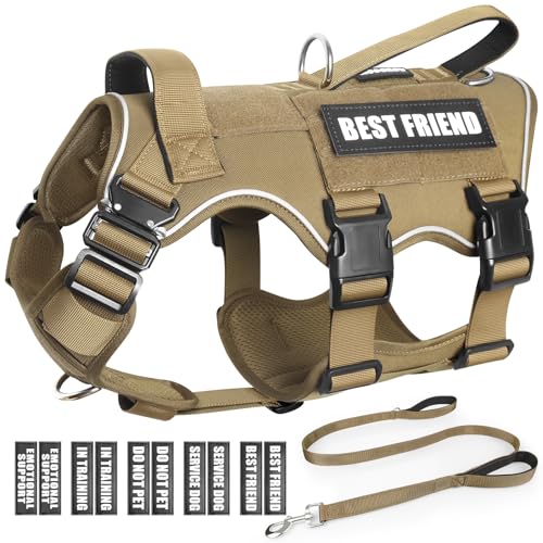 MOOGROU Taktisches Service-Hundegeschirr und Leine, strapazierfähiges Hundegeschirr mit Metallschnallen für große Hunde, verstellbar, kein Ziehen, Haustierweste mit 10 Patches, für Training, Arbeit von MOOGROU