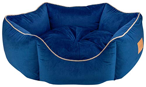 MOOI Crown Hundebett aus kuscheligem Velvetstoff, Füllung aus hautsympathischen 100% Polyester-Watte und Kügelchen, waschmaschinengeeignet bei 30 Degree C, in 3 Größen verfügbar Blau 50 x 53 x 18 cm von MOOI