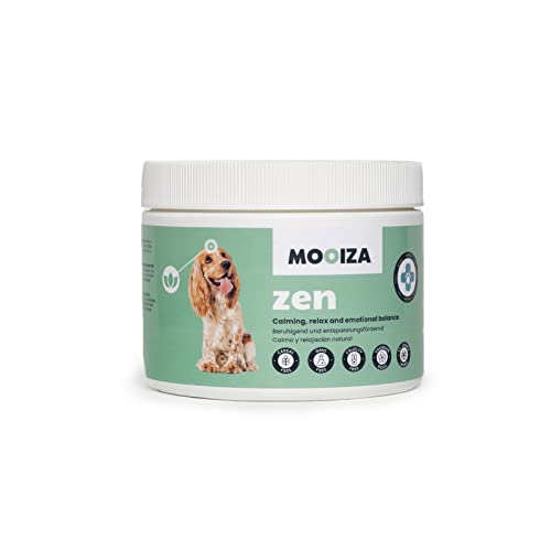 MOOIZA Zen Anti Stress Natürliche Hunde Beruhigungsmittel. Nahrungsergänzungsmittel als Leckerlies für Hunde mit L Tryptophan, Johanniskraut und Baldrian für Hunde. Beruhigungstabletten für Hunde von MOOIZA