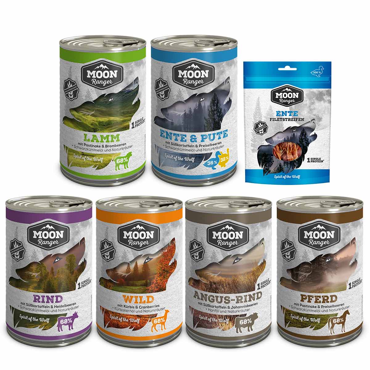 Moon Ranger Probierpaket Nassfutter 6x400g + Snack 100g von MOON RANGER