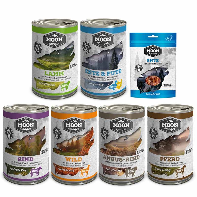 Moon Ranger Probierpaket Nassfutter 6x400g + Snack 100g von MOON RANGER