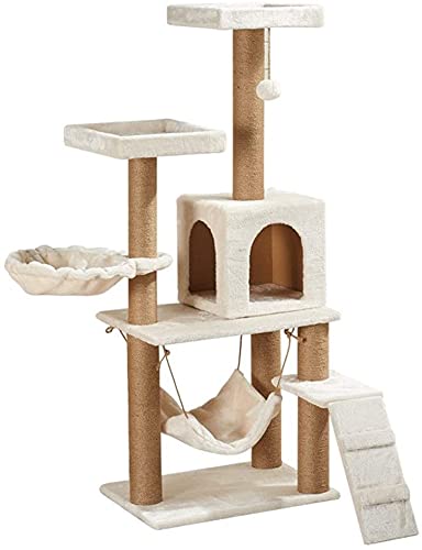 MOOZLE Katzenbaum mit mehreren Ebenen, 130 cm Katzen-Spielcenter mit Plüschstange, Katzenhaus-Höhe, Korb, abnehmbare Hängematte für Kätzchen und Katze von MOOZLE