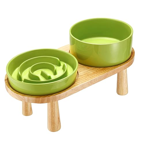 Keramik-Schlingnapf für Hunde, erhöht mit Holzständer, 1800ml, Grün von MOPANG