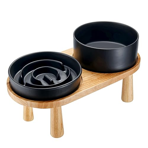 Keramik-Schlingnapf für Hunde, erhöht mit Holzständer, 1800ml, Schwarz von MOPANG