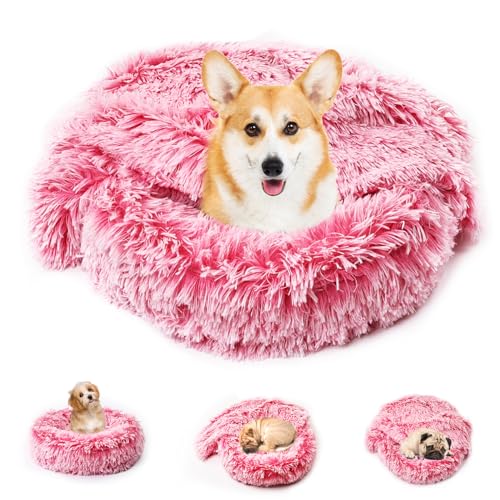 3-in-1-Hundebetten für kleine Hunde, mit angenähter Decke und abnehmbarem Bezug, flauschiger Donut-Katzenbett, waschbar, rund, Rosa, Größe S von MORFORU