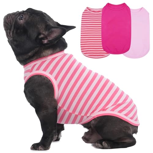 Hunde-T-Shirt, gestreift, französische Bulldogge, groß, ärmellos, gegen Überhitzung, Meer, Hinterhof, leicht, gemütlich, für den Innenbereich, gestreift und einfarbig, Rosa, Größe L, 3er-Pack Hunde-T-Shirt, gestreift, französische Bulldogge, groß, ärmellos, gegen Überhitzung, Meer, Hinterhof, leicht, gemütlich, für den Innenbereich, gestreift und einfarbig, Rosa, Größe L, 3er-Pack von MORVIGIVE
