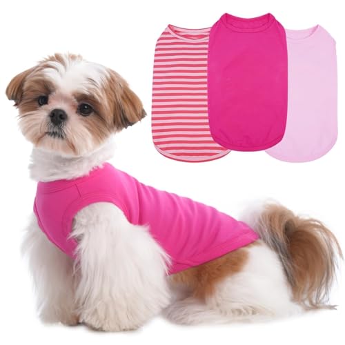 Hunde-T-Shirts für kleine Hunde, ärmelloses Hemden-Set für Frühling, Sommer, Sonnenschutz, leicht für Spaziergänge im Park, gestreiftes und solides Tank-Top-Set, 3er-Pack, Shih Tzu (Rosa, S) von MORVIGIVE