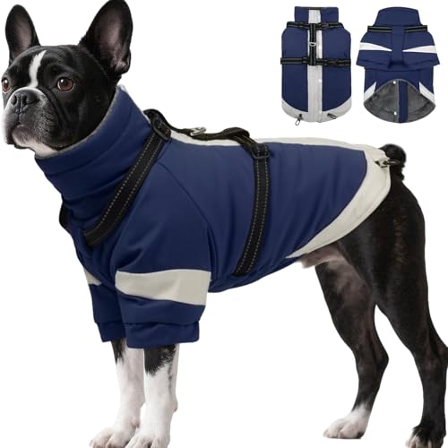 Hunde-Wintermantel mit verstellbarem, reflektierendem Geschirr, integriert, Größe M, Rollkragenmantel mit Ärmeln, für kleine Hunde und Jungen, kaltes Wetter, warme Jacke für Schnauzer (blau) von MORVIGIVE