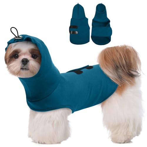 Hundeweste mit Kapuze, Größe S, leicht, atmungsaktiv, beruhigende Jacke für neue Anlässe, Regensturm, Reisen, Bichon-Kapuzenpullover zum Umwickeln der Ohren, gemütlich, Blau von MORVIGIVE