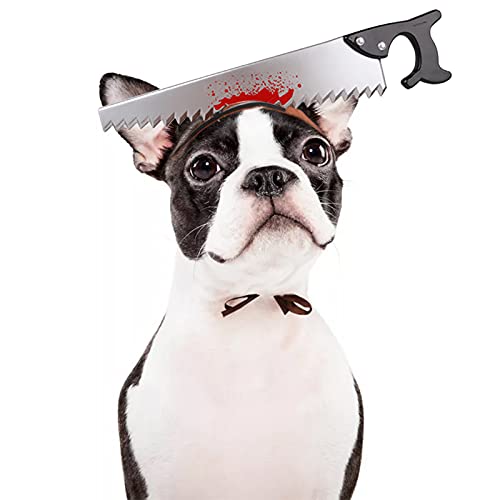 MORVIGIVE Halloween-Kostüme mit Sägen-Stirnband, blutige Kopfbedeckung für Hunde und Katzen, gruselige und realistische Katze durch Kopf Spielzeug Welpe Trick Prop Zubehör für Cosplay Party von MORVIGIVE