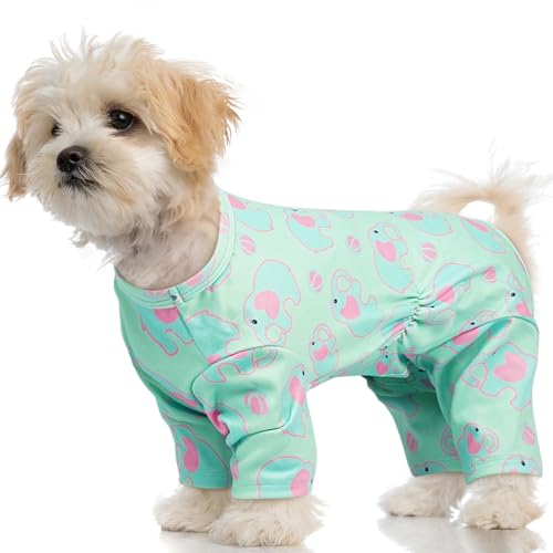 XS Hunde-Pyjama für kleine Hunde, warmer Einteiler mit 4 Beinen, langärmelig, niedlicher dehnbarer Druck, weich, atmungsaktiv, für den Innenbereich, Herbst-Winterkleidung, Grün von MORVIGIVE