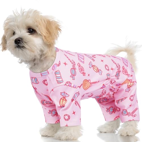 XS Schlafanzug für kleine Hunde – warmer Einteiler mit 4 Beinen, langärmelig, niedlicher, dehnbarer Druck-Overall, weich, atmungsaktiv, Anti-Haarausfall-Anzug für den Innenbereich, Rosa von MORVIGIVE