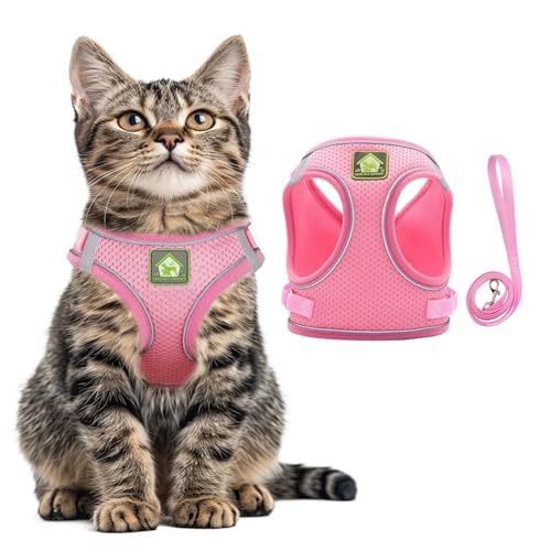 MOTIBACK Katzengeschirr mit Leine, Verstellbares Reflektierendes Katzenhalsband und Geschirrset, Ausbruchssicheres Weiches Mesh-Geschirr für Kleine und Mittelgroße Katzen. (Rosa, M) von MOTIBACK