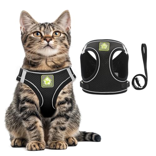 MOTIBACK Katzengeschirr mit Leine, Verstellbares Reflektierendes Katzenhalsband und Geschirrset, Ausbruchssicheres Weiches Mesh-Geschirr für Kleine und Mittelgroße Katzen. (Schwarz, M) von MOTIBACK