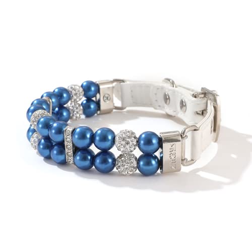 Halsband für Hunde,Hundehalsband mit Perle,Hunde-Katzen-Mode-PU-Leder-Perlenhalsband mit Bling-Strass-Diamant,Verstellbares Chihuahua-Hundehalsband für Hunde,Katzen,blau (L,1.5x37cm) von MOTTDAM