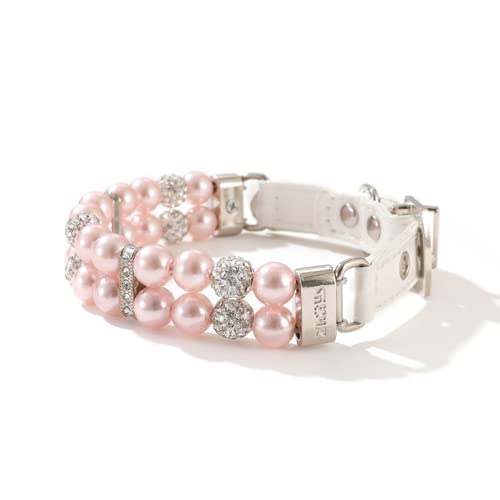 Halsband für Hunde,Hundehalsband mit Perle,Hunde-Katzen-Mode-PU-Leder-Perlenhalsband mit Bling-Strass-Diamant,Verstellbares Chihuahua-Hundehalsband für Welpen,Kätzchen,S,1.5x37cm (L rosa) von Mottdam