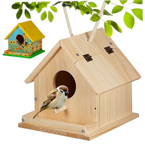 Bird House 6x6x6 Vogelhütte mit Feeder, Barsch, Eingangsloch und offenbarer Deckel DIY Friendly unbemalte hängende hölzerne Kolibri -Haus mit Loop & Haken auf dem Rücken von MOUNTTU