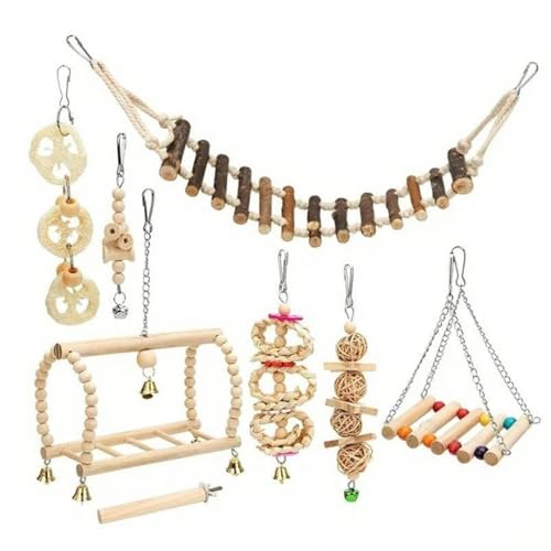 Papageienspielzeug, 8-teiliges Set aus Holz für Sittiche, Schaukel-/Kau-/Stehsitzstange, Hängematte/Kletterleiter, Nymphensittichspielzeug, hängendes Vogelkäfigzubehör, Vogelspielzeug für Sittiche, V Papageienspielzeug, 8-teiliges Set aus Holz für Sittiche, Schaukel-/Kau-/Stehsitzstange, Hängematte/Kletterleiter, Nymphensittichspielzeug, hängendes Vogelkäfigzubehör, Vogelspielzeug für Sittiche, V von MOUNTTU