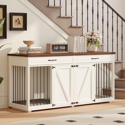 Furniture Style Hundekäfig – Indoor Holz Hundehütte Möbel mit 2 Schubladen & Raumteiler – 182,9 cm L x 59,9 cm B x 86,4 cm H – Weiß von MOWPEX