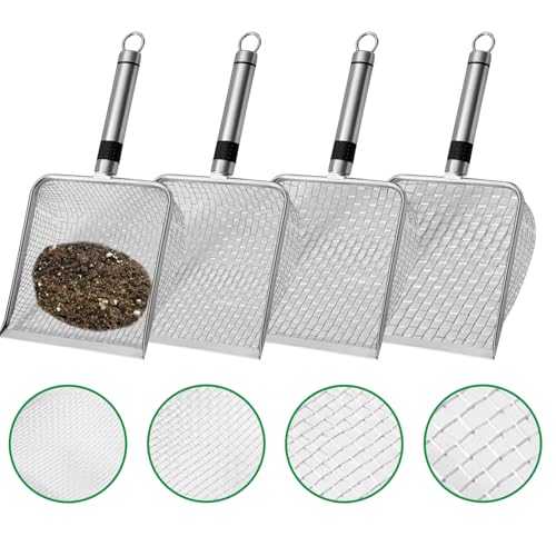 4 Stück Gartenerdesieb Kompostsieb mit Griff (2/2.8/3.8/5mm Masche), 4 Größen Gartensieb aus Edelstahl, für Sand Steine Erde Kompost Reiniger Scooper, Katzenschaufel Edelstahl für Katzenklo von MOZMY