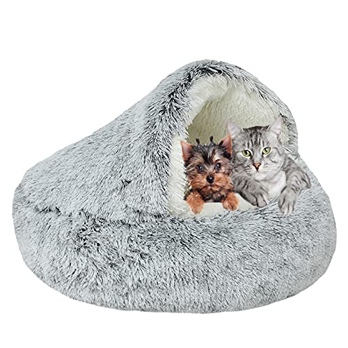 Haustierbett, Rund Plüsch Höhlen-Katzenbett mit Kapuze Flauschig Waschbares Warme Donut Hundebett, für Katzen Welpen-Gray-B|| Ø 50cm/20in von MOZTBH