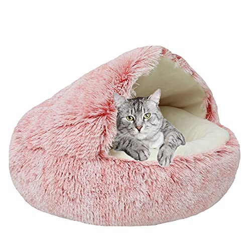Haustierbett, Rund Plüsch Höhlen-Katzenbett mit Kapuze Flauschig Waschbares Warme Donut Hundebett, für Katzen Welpen-Pink-A||Ø 40cm/16in von MOZTBH