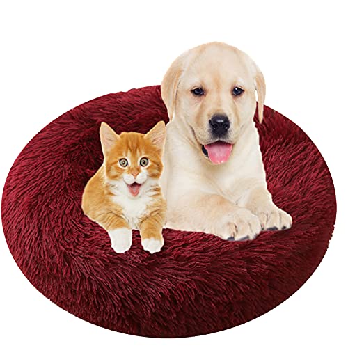 MOZTBH Hundebett, Rund Plüsch Haustierbett Flauschig Waschbares Katzenbett mit Reißverschluss Warme Donut Hundekissen für Haustiere- Red Wine|| Ø 120cm/48in von MOZTBH