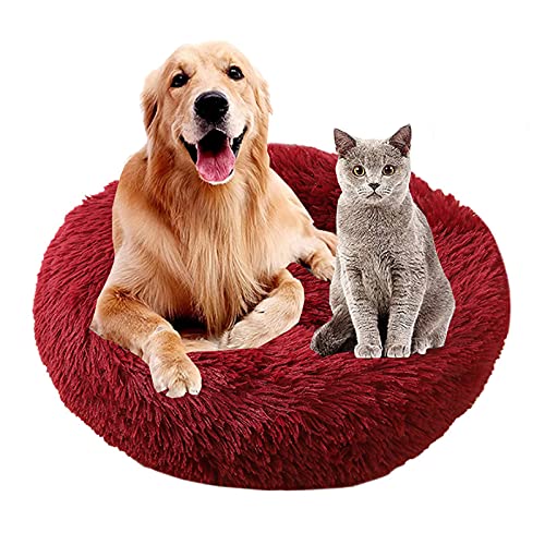 MOZTBH Hundesofa Katzenbett Donut，Rund Hundebett Flauschig Katzenbett Waschbar Weiches Plüsch Donut Haustierbett für Katzen Hunde，Warme Weiche Bequeme Hundesofa-Wine red||Ø20in(Ø50cm) von MOZTBH