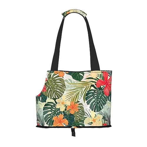 Mqgmz Transporttasche für Haustiere, Motiv: Vegetationsblätter mit Hibiskusblüten und Taschensafe für Welpen und Katzen – tolles Design von MQGMZ