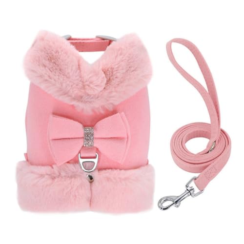 MQODLFP Luxuriöses Hundegeschirr und Leinen-Set mit Strass-Schleife, Warme Haustierweste Aus Fell für Den Winter, Stilvolle Welpenkleidung für Kleine Hunde von MQODLFP