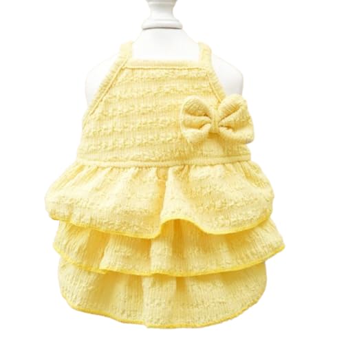 MQQYLBHDS Gelbes Hundekleid für kleine Hunde und Mädchen, Frühlings-Welpenkleidung mit Schleife, gestuftes mehrlagiges Kuchenkleid für Katzen, ärmellos, Sommer-Haustier-Outfit (Gelb, L) von MQQYLBHDS