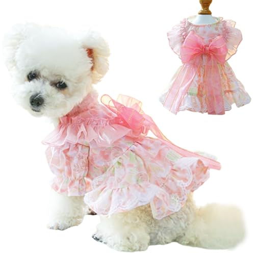 MQQYLBHDS Hundekleid für kleine Hunde, Mädchen, Frühlingswelpenkleidung mit Schleife, Puffärmeln, Katzen-Outfit, Hundeprinzessin mit Leine, Ring, Hundegeschirrkleid, Sommer-Haustierbekleidung (Rosa von MQQYLBHDS