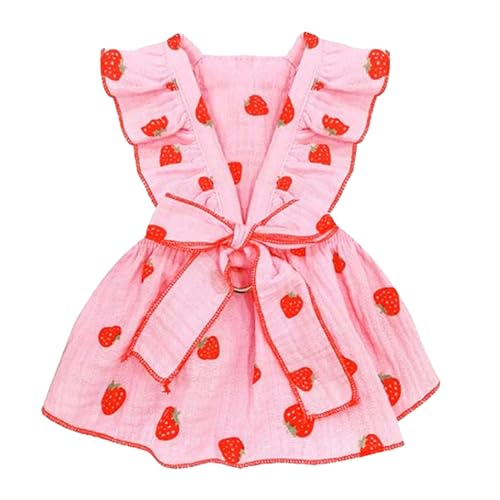 MQQYLBHDS Rosa Hundekleid für kleine Hunde, Mädchen, Frühlingswelpenkleidung mit Schleife, Erdbeere, Katzen-Outfit, Hunde-Prinzessinnen-Rock mit Leinen-Ring, Sommerbekleidung (Rosa, Größe S) von MQQYLBHDS