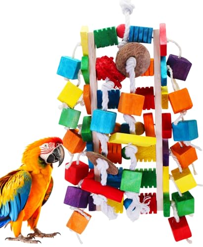 MQUPIN Großer Vogel Papagei Spielzeug, Bunte Holzblock Kauen Papagei Spielzeug in verschiedenen Formen, 22 Zoll natürlichen Holzblock Papagei Spielzeug für African Grey Parrot, Macaw Spielzeug von MQUPIN