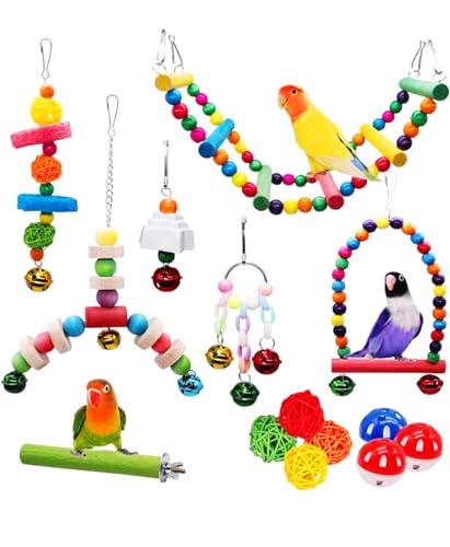 MQUPIN Vogelspielzeug 14 Stück Vogel Papagei Schaukel, Holzleitern Hängematte Papagei Spielzeug, Vogelkäfige Zubehör für kleine mittlere Papageien Nymphensittiche(14er Pack)… von MQUPIN