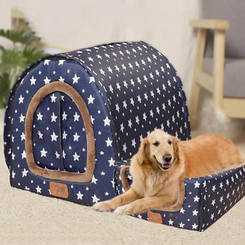 MQXDNFDC Großes Hundehaus, waschbar, beruhigendes Hundebett mit orthopädischem Kissen, warm, weich, Katzenhöhle, 2-in-1-Hunde-Couch-Zelt (L für Haustiere unter 10 kg, blaue Sterne) (blaue Sterne, von MQXDNFDC
