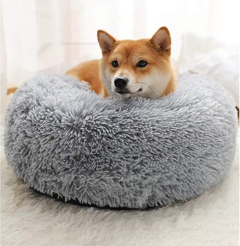 MQXDNFDC Rundes Plüsch-Katzen- und Hundebett, waschbar, beruhigendes Donut-Kuschelbett, superweich, flauschig, Welpenmatte für warmen Winter, Größe XS, Blau (Hellgrau, 110 cm) von MQXDNFDC